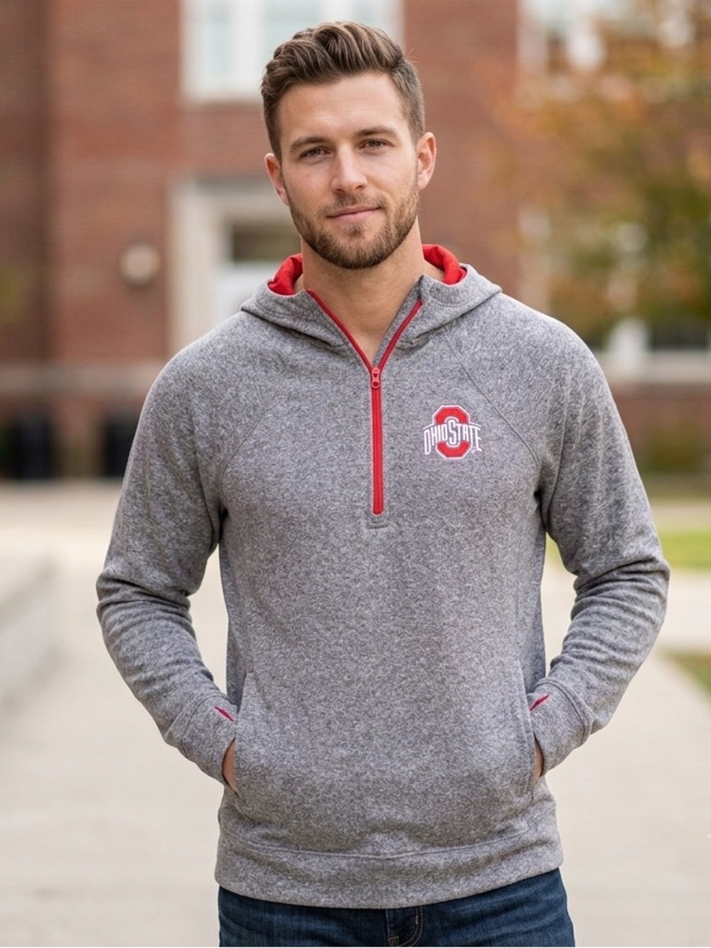 Ohio State Gray & Red 1/4 Zip Hoodie Sweatshirt with Logo, Men’s Size Small